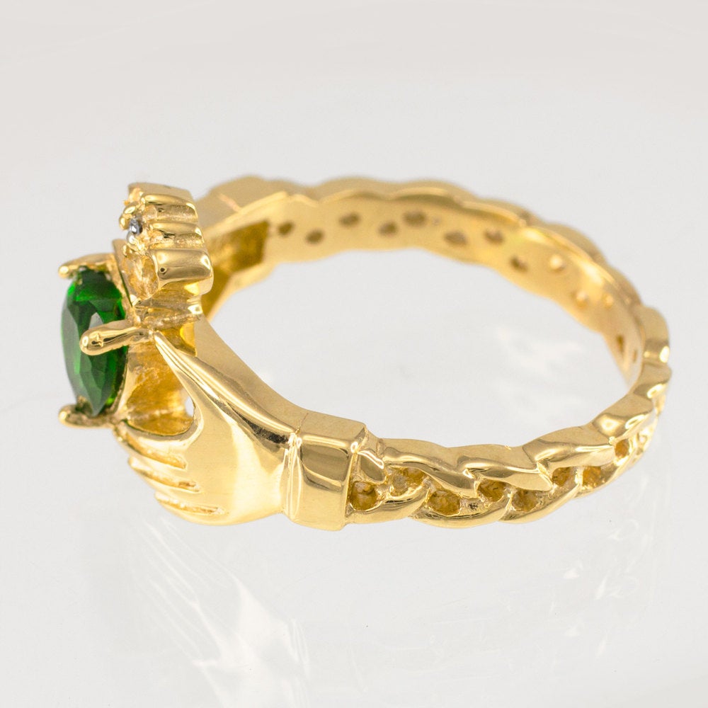 Gold Claddagh Ring - Emerald Green CZ Heart Birthstone Diamond Ring - Celtic Band Claddagh Ring Karma Blingz