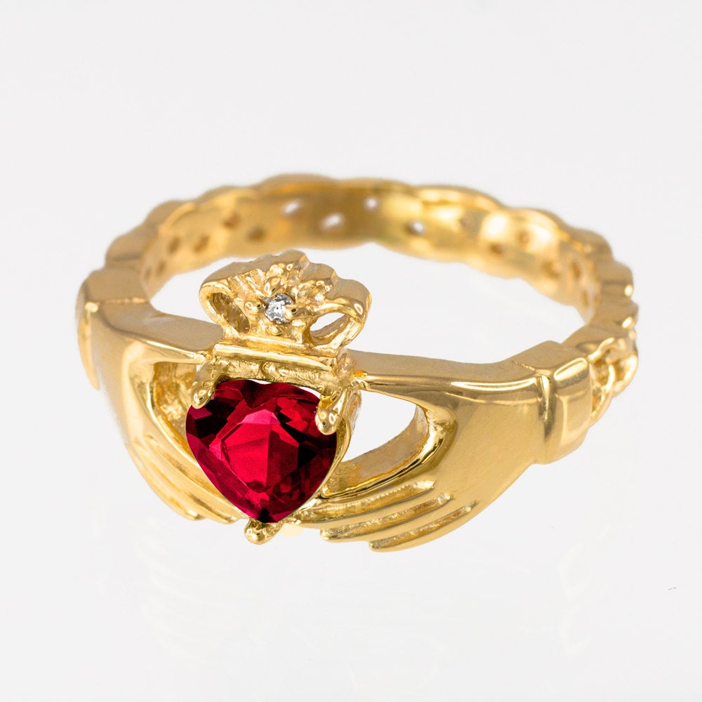Gold Claddagh Ring - Ruby Red CZ Birthstone Diamond Ring - Celtic Band Claddagh Ring Karma Blingz