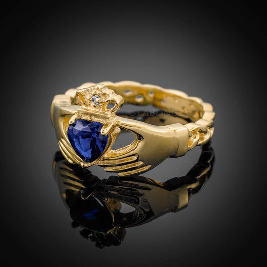 Gold Claddagh Ring - Blue Sapphire CZ Birthstone Diamond Ring - Celtic Band Claddagh Ring Karma Blingz