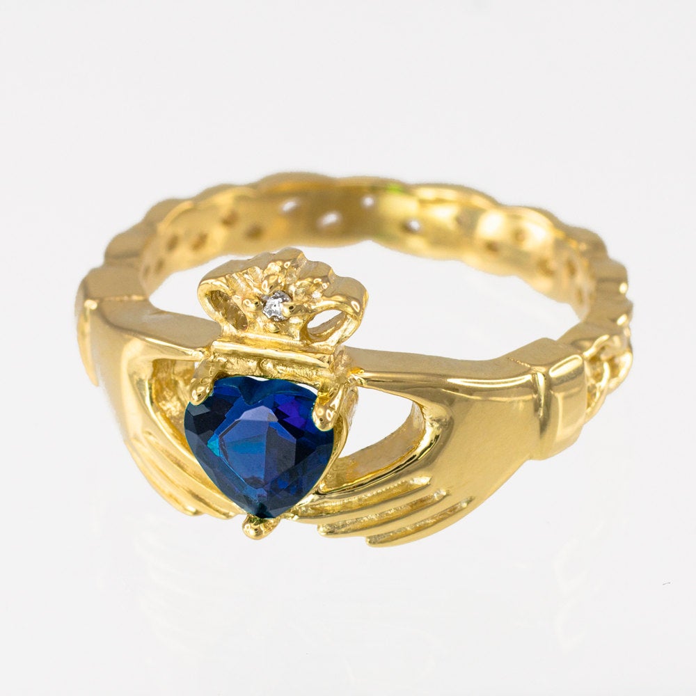 Gold Claddagh Ring - Blue Sapphire CZ Birthstone Diamond Ring - Celtic Band Claddagh Ring Karma Blingz