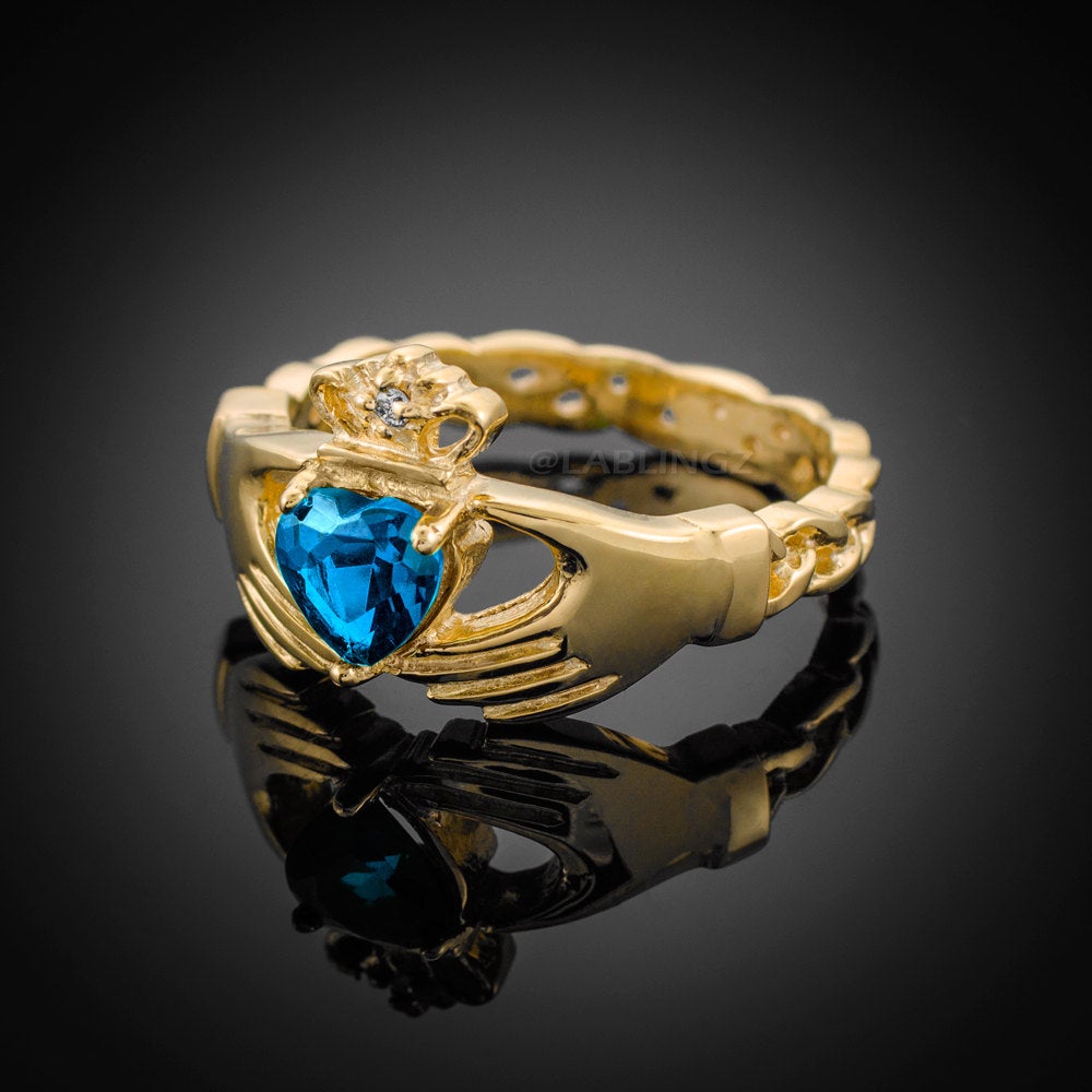 Gold Claddagh Ring - Blue Topaz CZ Birthstone Diamond Ring - Celtic Band Claddagh Ring Karma Blingz