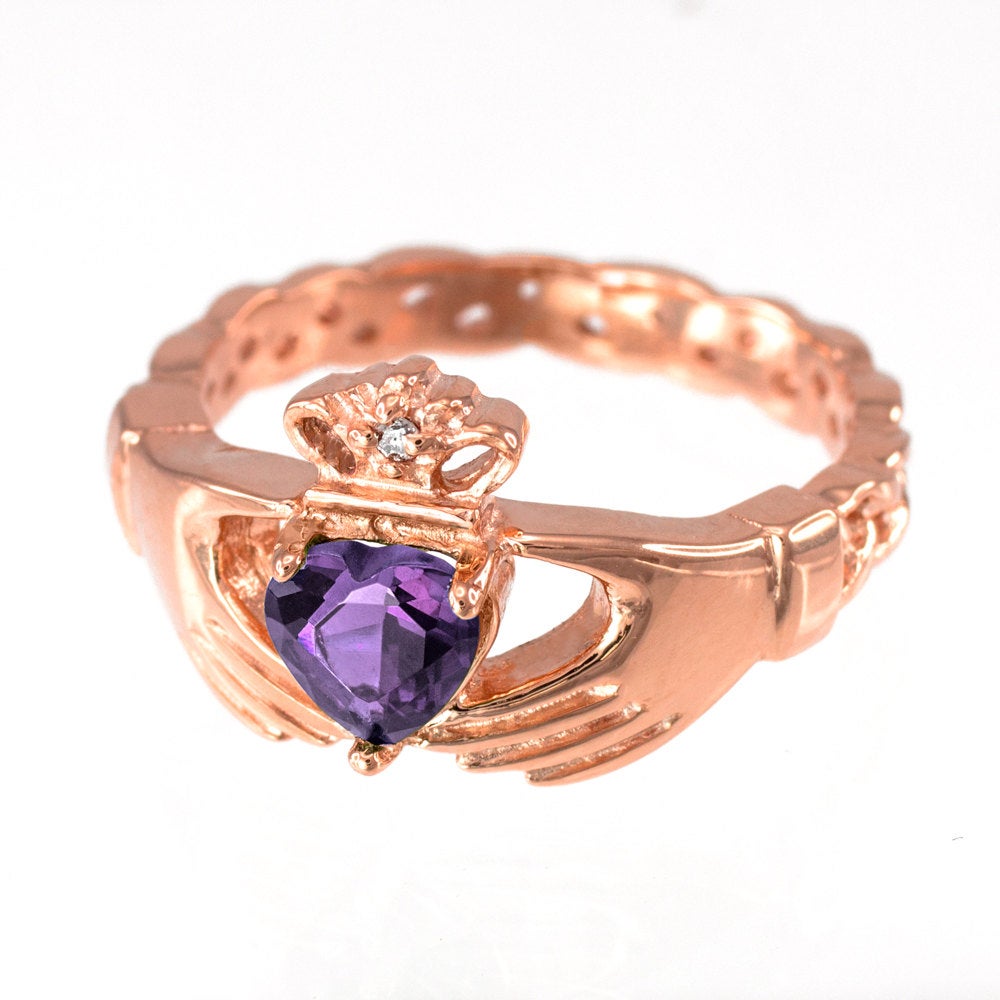 Rose Gold Irish Claddagh Ring - Amethyst Purple CZ Birthstone Diamond Ring - Celtic Band Claddagh Ring Karma Blingz
