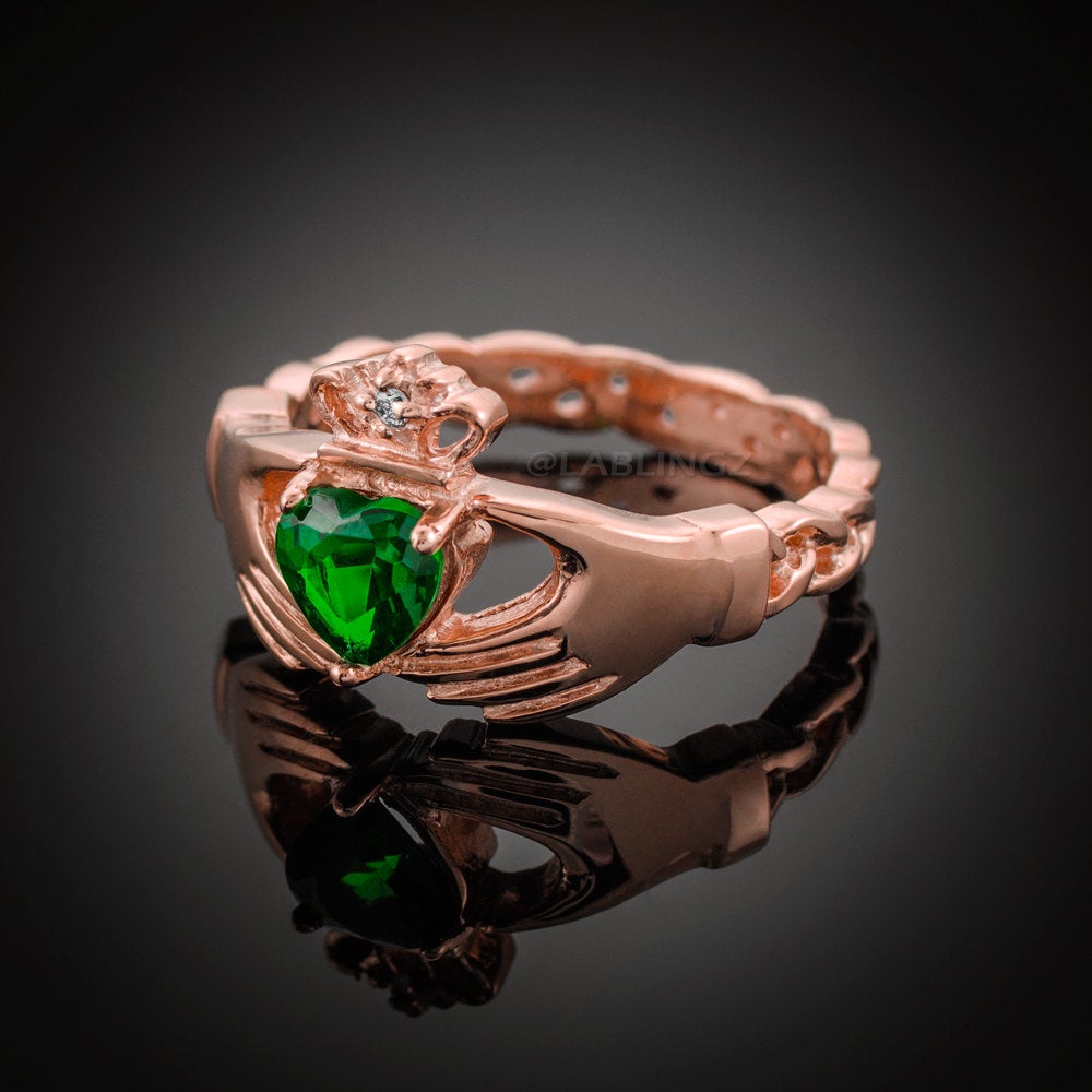 Rose Gold Claddagh Ring - Emerald Green CZ Heart Birthstone Diamond Ring - Celtic Band Claddagh Ring Karma Blingz