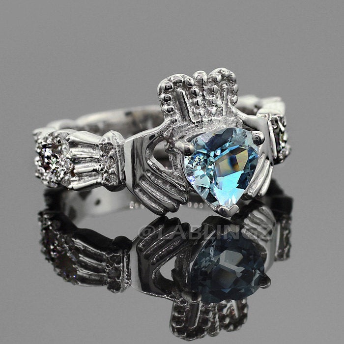 White Gold 0.40 ct Celtic Band Diamond Claddagh Engagement Ring with Aquamarine CZ Heart Center Stone (10K, 14K) Karma Blingz