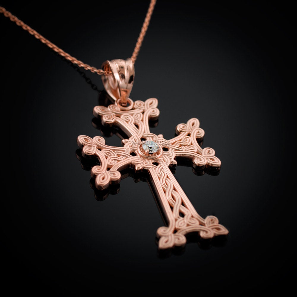 Gold Armenian Cross Diamond Solitaire Pendant Necklace (10k, 14k, yellow, white, rose gold) Karma Blingz