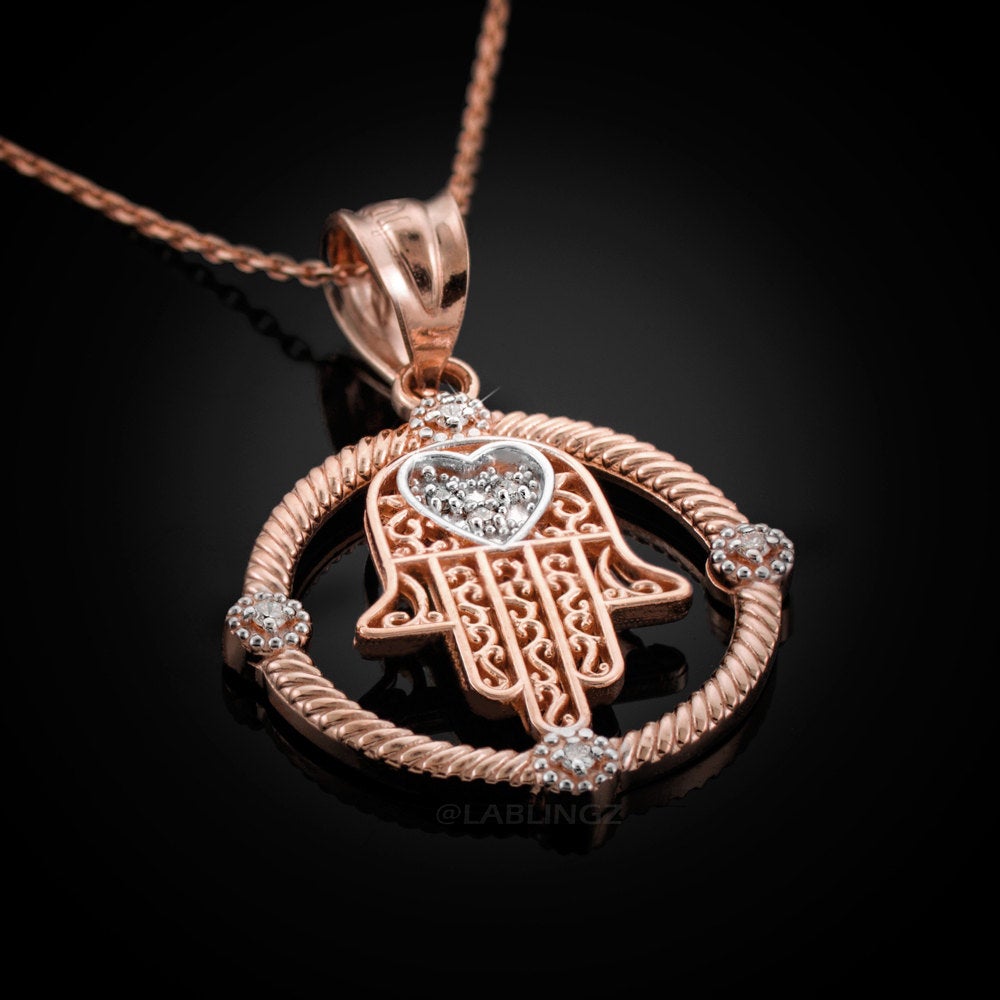 Gold Filigree Hamsa Diamond Pendant Necklace (10k, 14k, yellow, white, rose gold) Karma Blingz