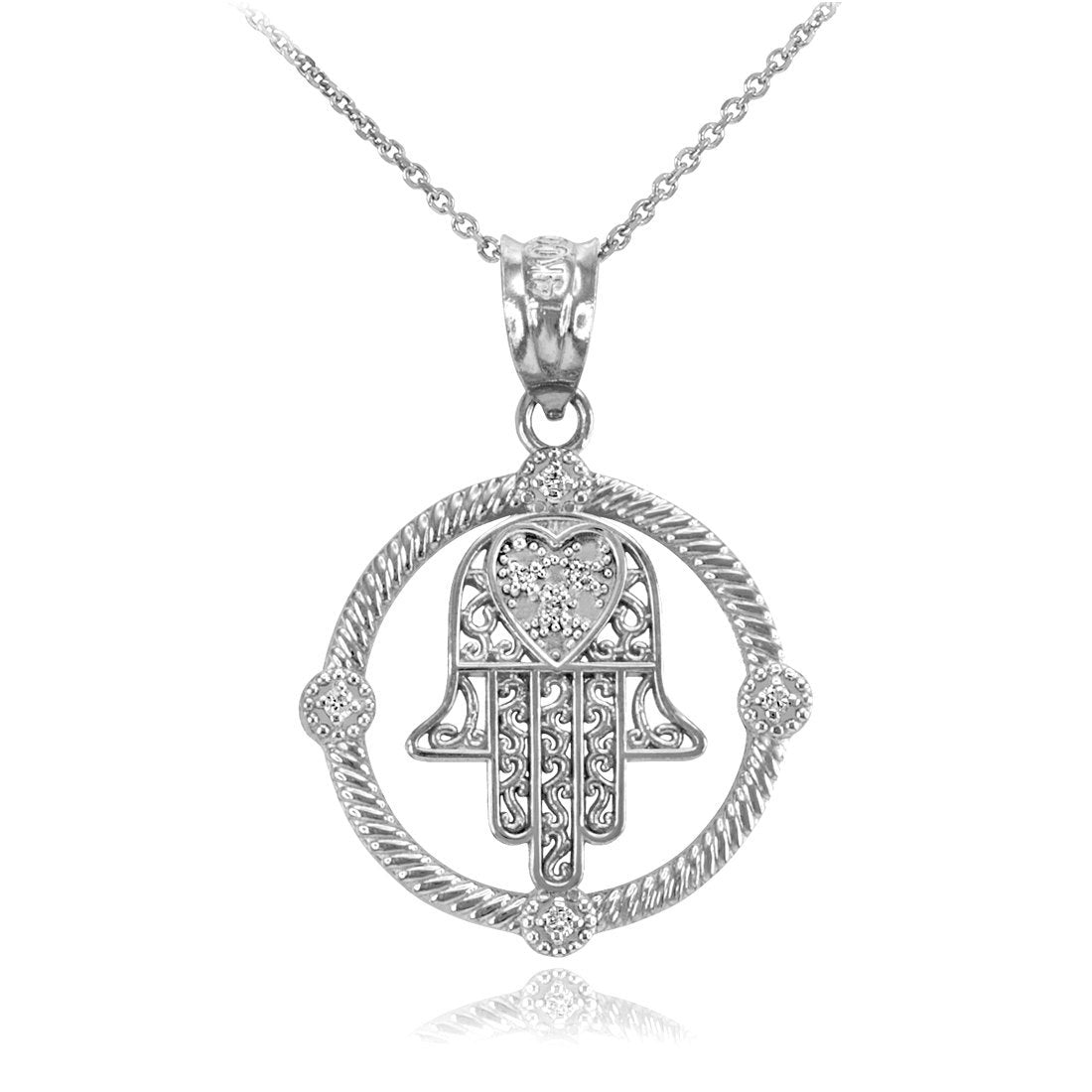 Gold Filigree Hamsa Diamond Pendant Necklace (10k, 14k, yellow, white, rose gold) Karma Blingz