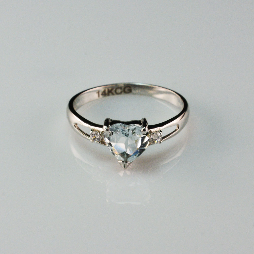 White Gold Aqua CZ Heart March Birthstone Proposal Promise Ring