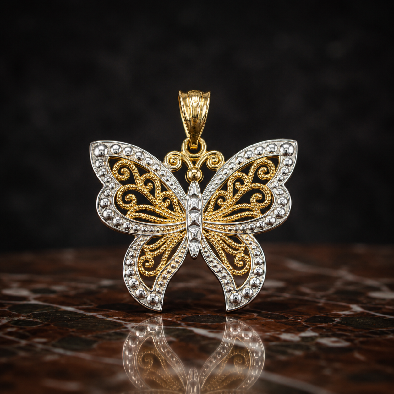 Gold Filigree Butterfly Midsize Pendant Necklace (10K, 14K, yellow, white, rose gold)