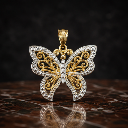 Gold Filigree Butterfly Midsize Pendant Necklace (10K, 14K, yellow, white, rose gold)