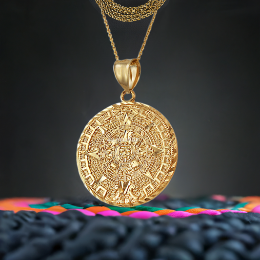 10K Gold Aztec Mayan Sun Calendar Pendant Necklace (yellow, white, rose gold)