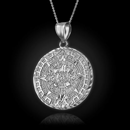 14K Gold Aztec Mayan Sun Calendar Pendant Necklace (yellow, white, rose gold)