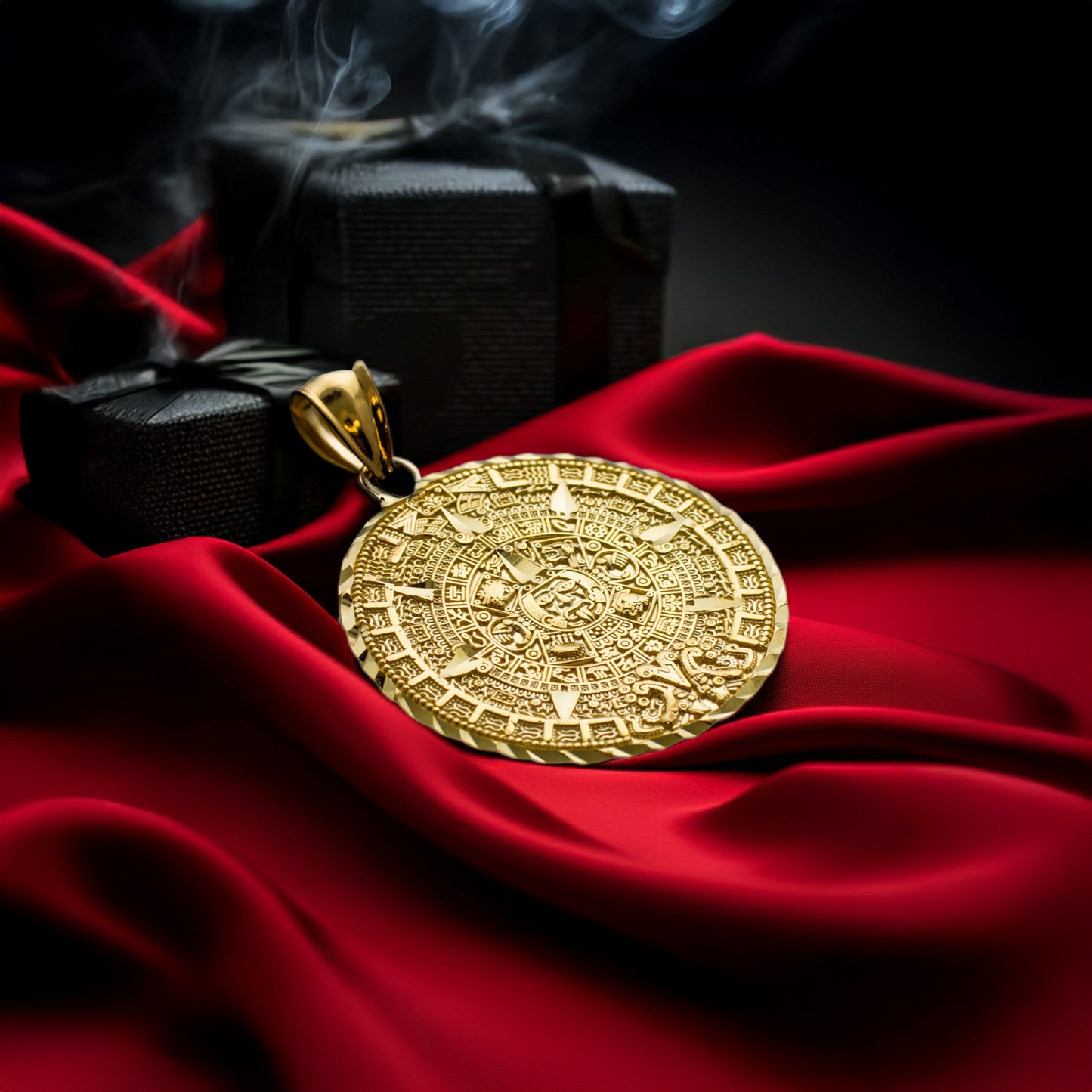 14K Gold Aztec Mayan Sun Calendar Pendant (3 sizes, yellow, white, rose gold)