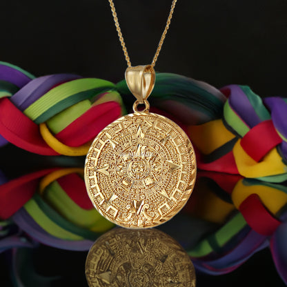 10K Gold Aztec Mayan Sun Calendar Pendant Necklace (yellow, white, rose gold)