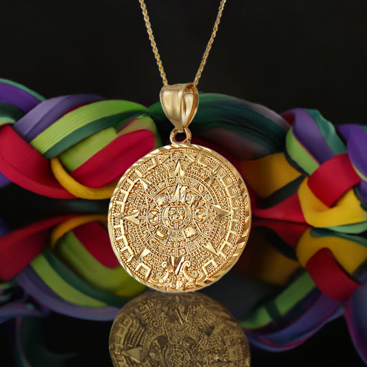 14K Gold Aztec Mayan Sun Calendar Pendant Necklace (yellow, white, rose gold)