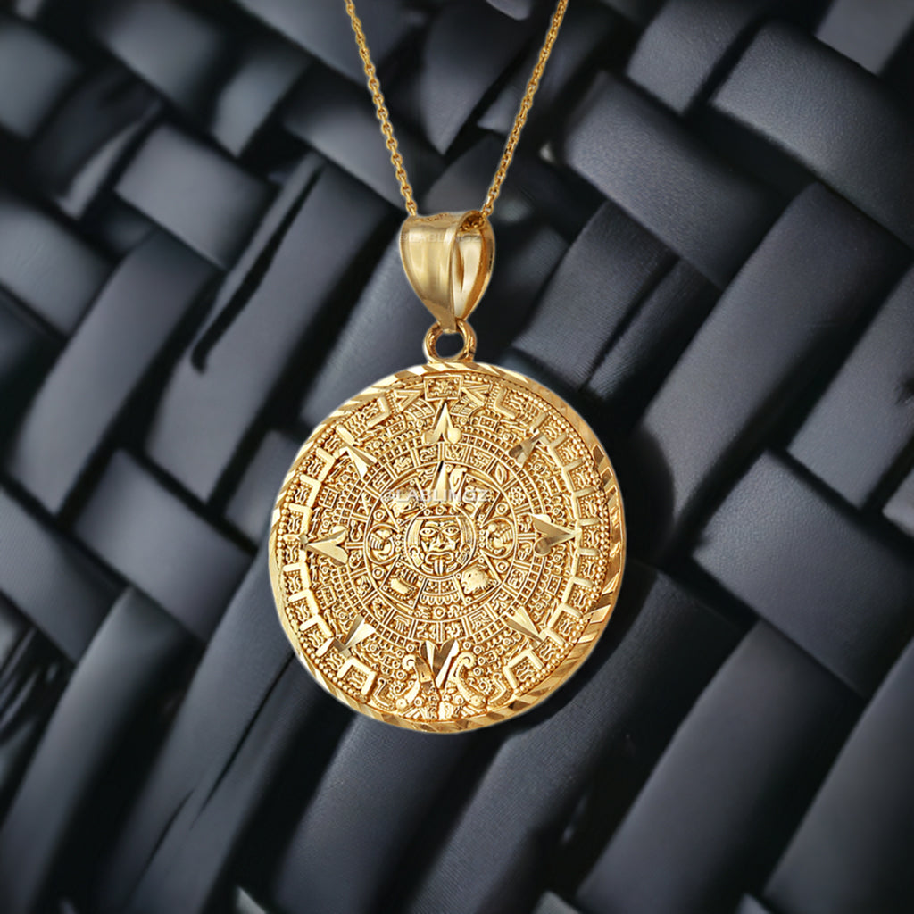 14K Gold Aztec Mayan Sun Calendar Pendant Necklace (yellow, white, rose gold)