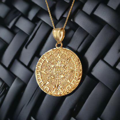14K Gold Aztec Mayan Sun Calendar Pendant Necklace (yellow, white, rose gold)
