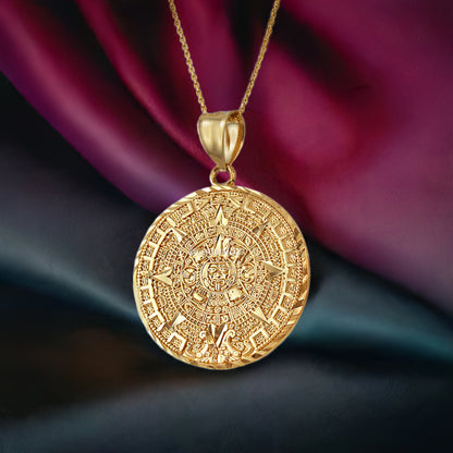 10K Gold Aztec Mayan Sun Calendar Pendant Necklace (yellow, white, rose gold)