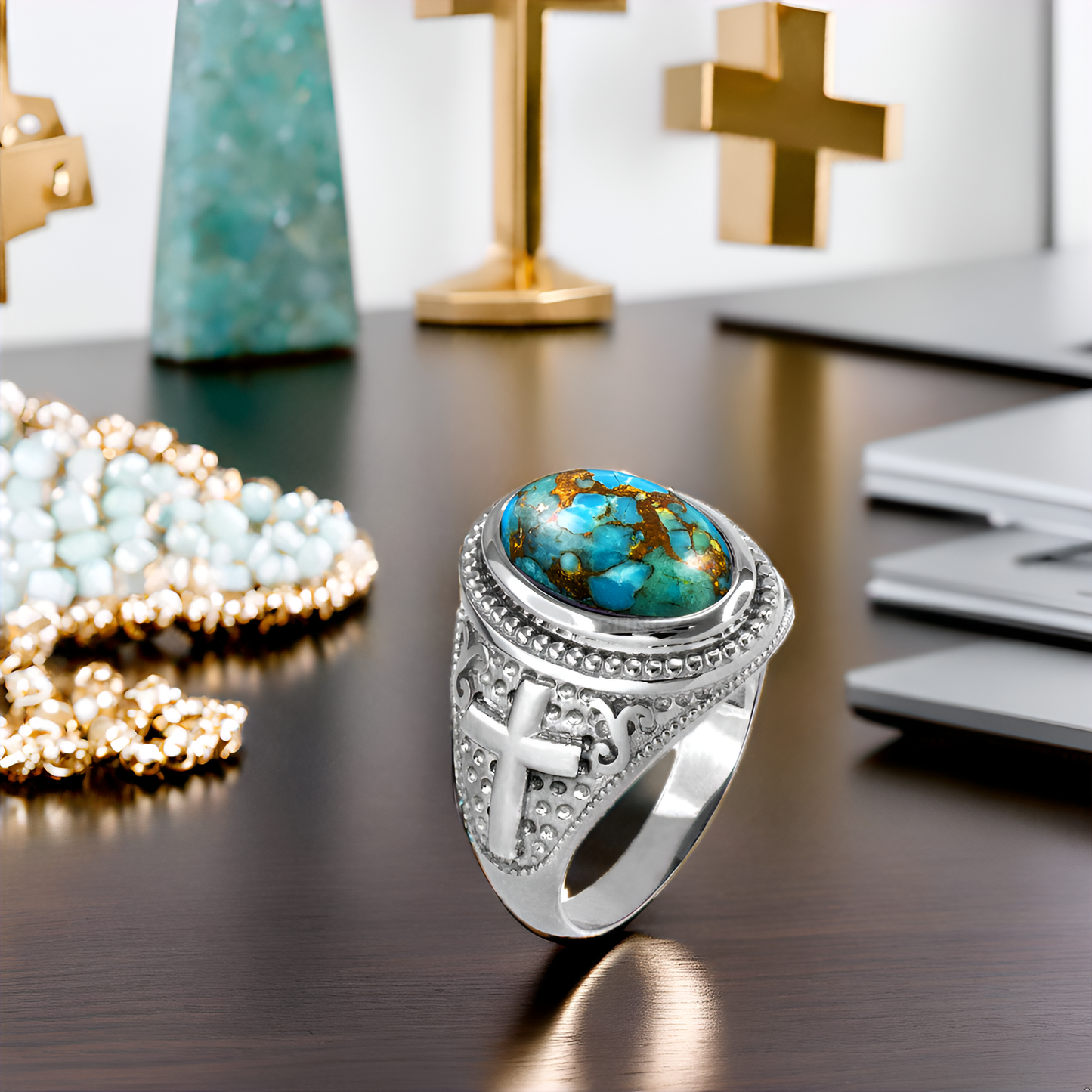 Sterling Silver Christian Cross Blue Copper Turquoise Ring