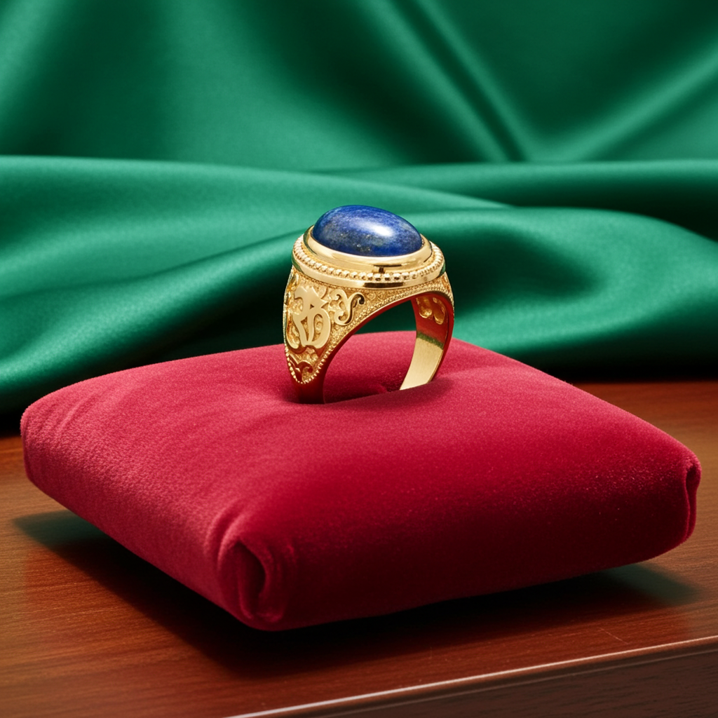 Yellow Gold Om (Aum) Oval Lapis Lazuli Yoga Ring