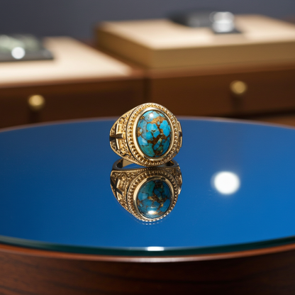 Solid Gold Christian Cross Blue Copper Turquoise Ring Oval Cabochon Gemstone