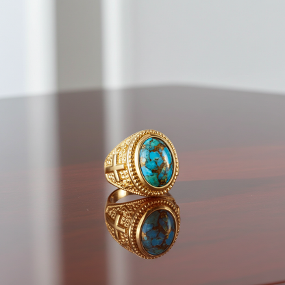 Solid Gold Christian Cross Blue Copper Turquoise Ring Oval Cabochon Gemstone