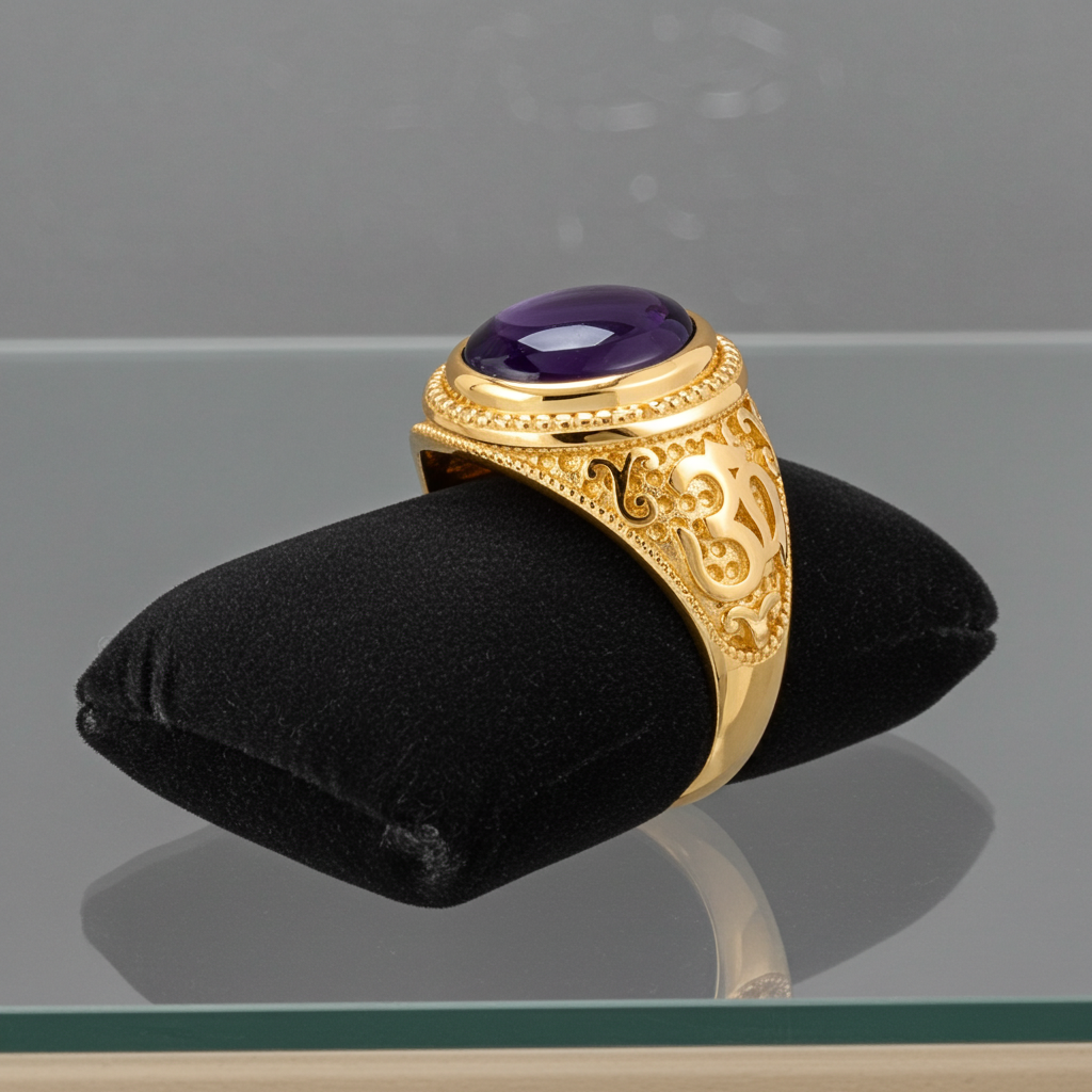 Gold Om (Aum) Mantra Oval Amethyst Cabochon Yoga Ring