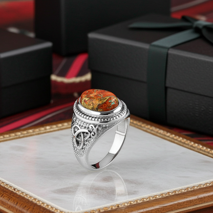 Sterling Silver Celtic Triquetra Orange Copper Turquoise Ring
