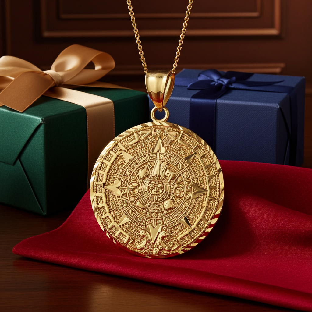 10K Gold Aztec Mayan Sun Calendar Pendant (3 sizes, yellow, white, rose gold)