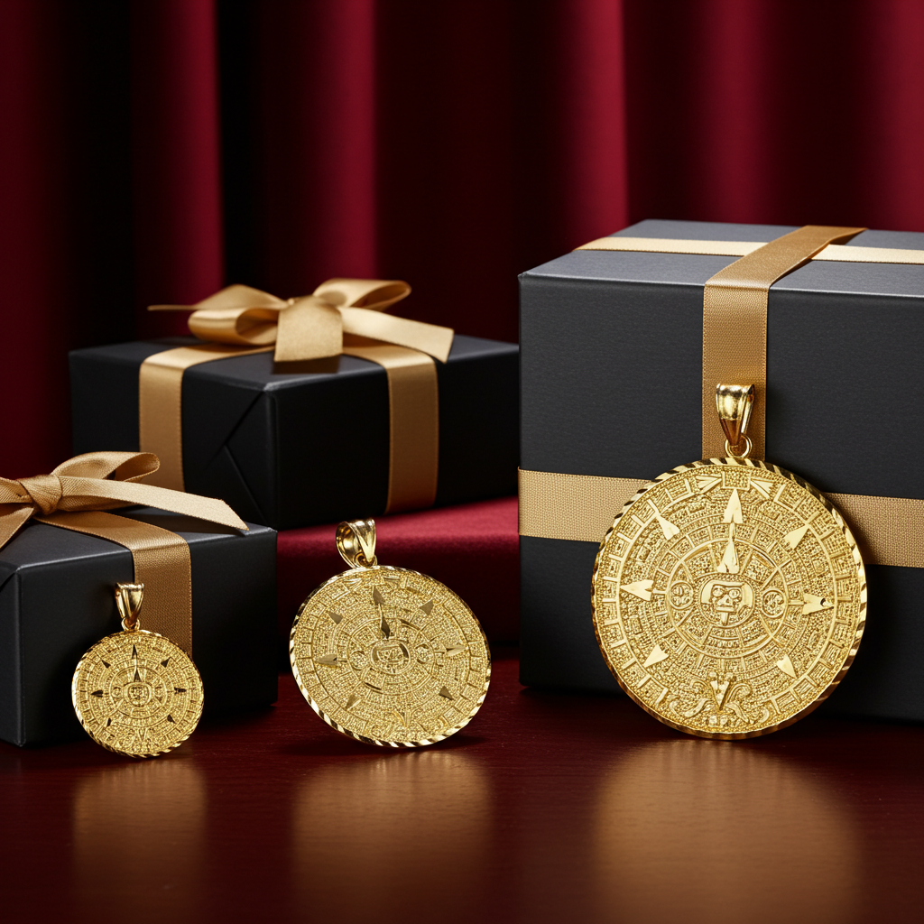 14K Gold Aztec Mayan Sun Calendar Pendant (3 sizes, yellow, white, rose gold)