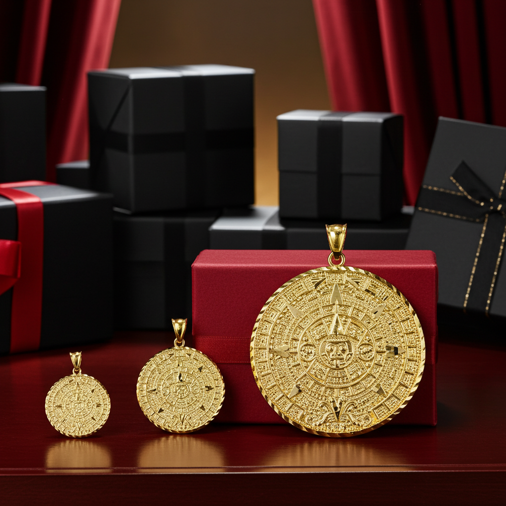 10K Gold Aztec Mayan Sun Calendar Pendant (3 sizes, yellow, white, rose gold)