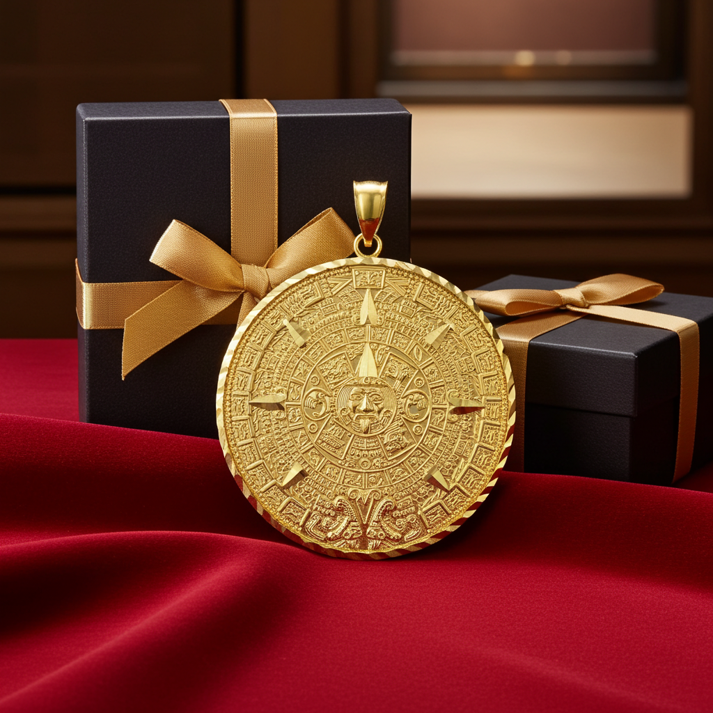 10K Gold Aztec Mayan Sun Calendar Pendant (3 sizes, yellow, white, rose gold)