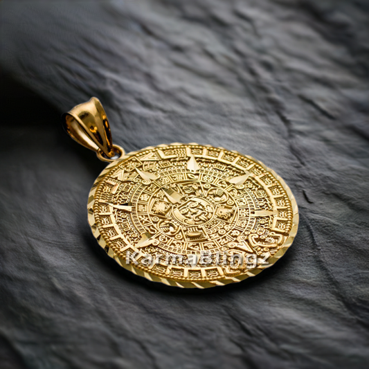 10K Gold Aztec Mayan Sun Calendar Pendant (3 sizes, yellow, white, rose gold)