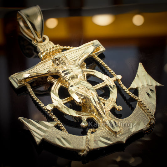 Solid Gold Mariner Anchor Mens Large Crucifix Cross Pendant (yellow, white, rose gold, 10k, 14k)