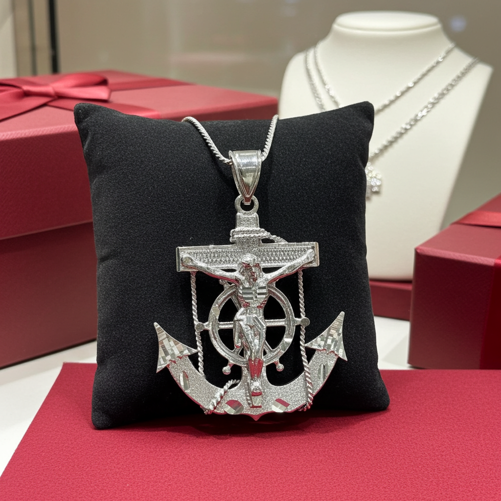 Solid Gold Mariner Anchor Mens Large Crucifix Cross Pendant (yellow, white, rose gold, 10k, 14k)