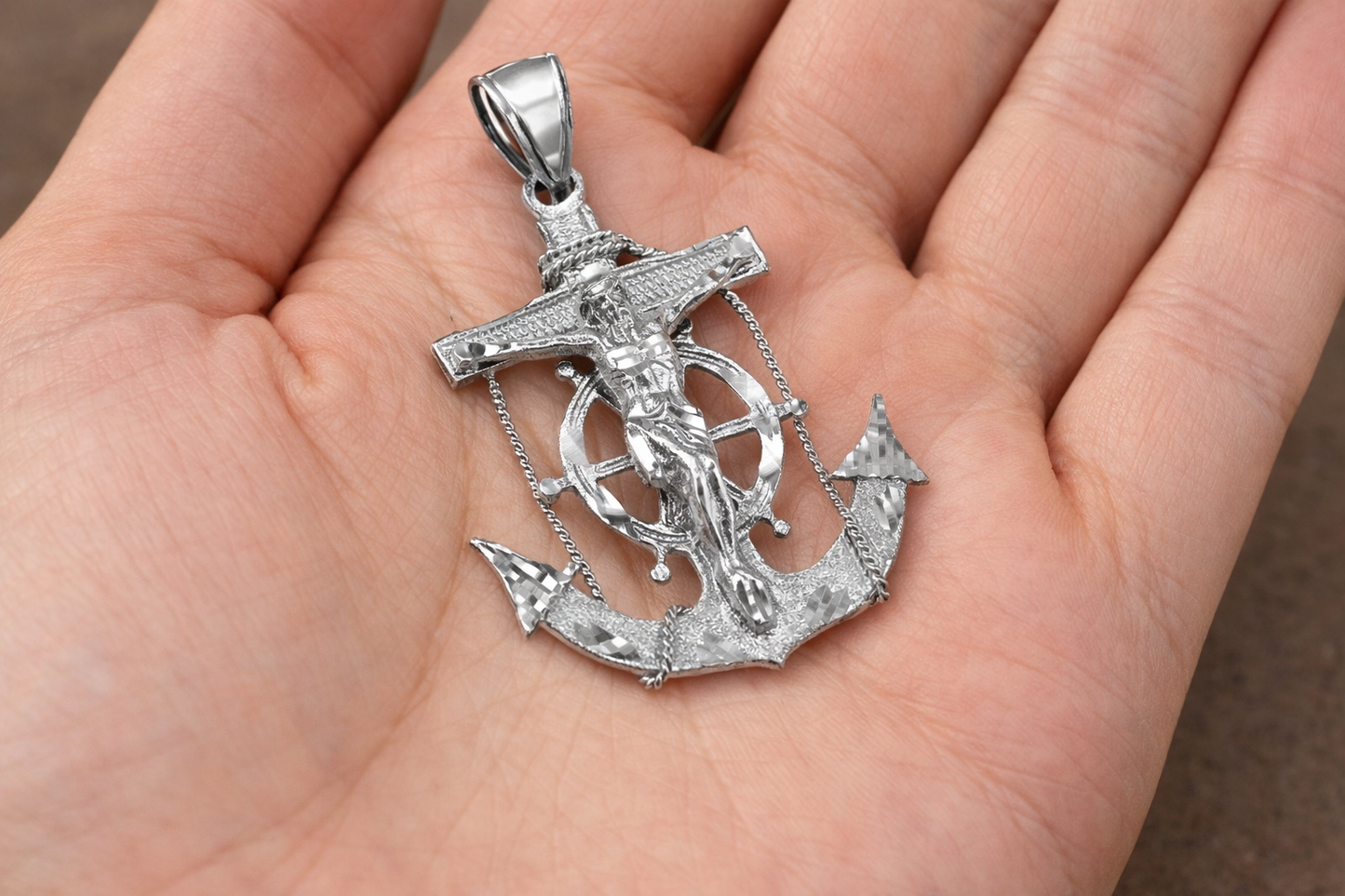 Solid Gold Mariner Anchor Mens Large Crucifix Cross Pendant (yellow, white, rose gold, 10k, 14k)