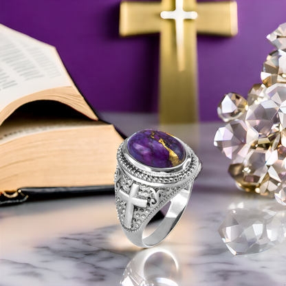 Sterling Silver Christian Cross Purple Copper Turquoise Ring
