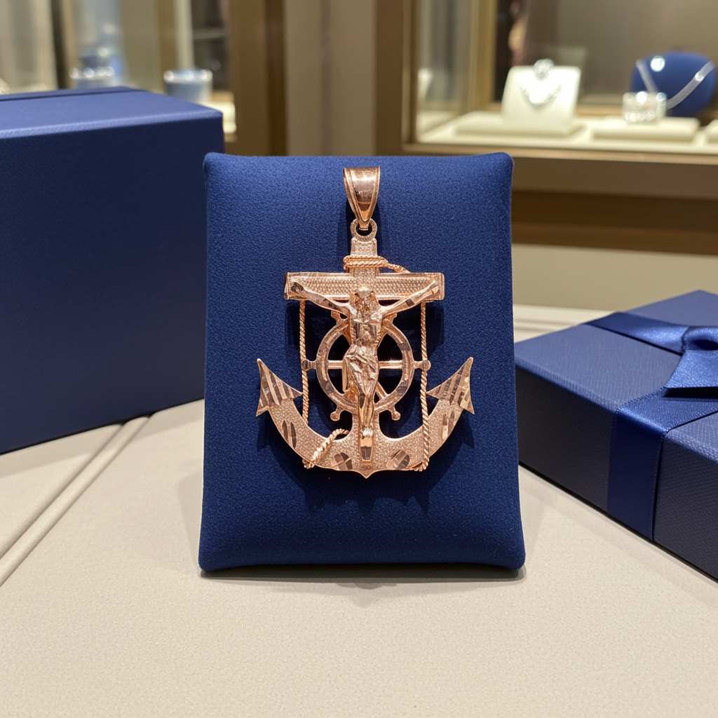 Solid Gold Mariner Anchor Mens Large Crucifix Cross Pendant (yellow, white, rose gold, 10k, 14k)