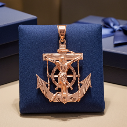 Solid Gold Mariner Anchor Mens Large Crucifix Cross Pendant (yellow, white, rose gold, 10k, 14k)
