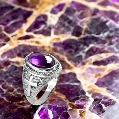 Sterling Silver Christian Cross Amethyst February Birthstone Ring