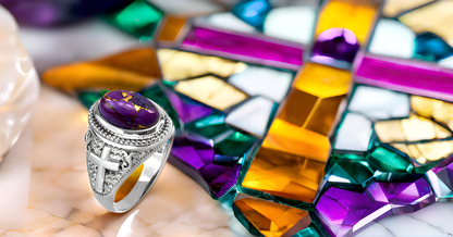 Sterling Silver Christian Cross Purple Copper Turquoise Ring