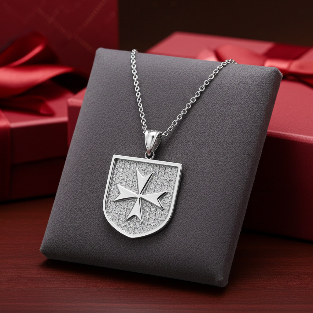 Solid Sterling Silver Maltese Cross Templar Knights Hospitaller Shield Pendant Necklace
