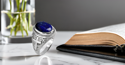 Sterling Silver Christian Cross Lapis Lazuli Gemstone Ring