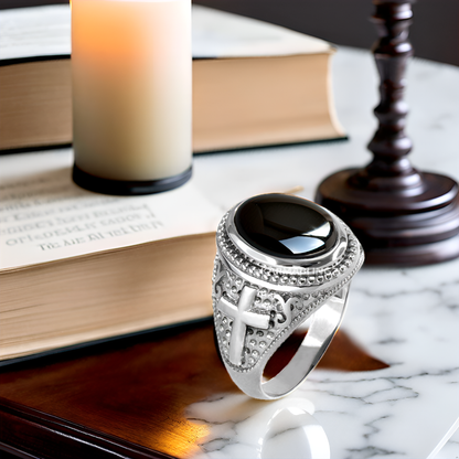 Sterling Silver Christian Cross Black Onyx Gemstone Ring