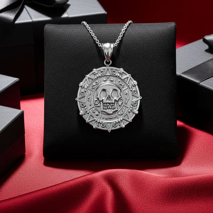 Sterling Silver Aztec Coin Pirates of The Caribbean Skull Medallion Pendant Necklace Karma Blingz