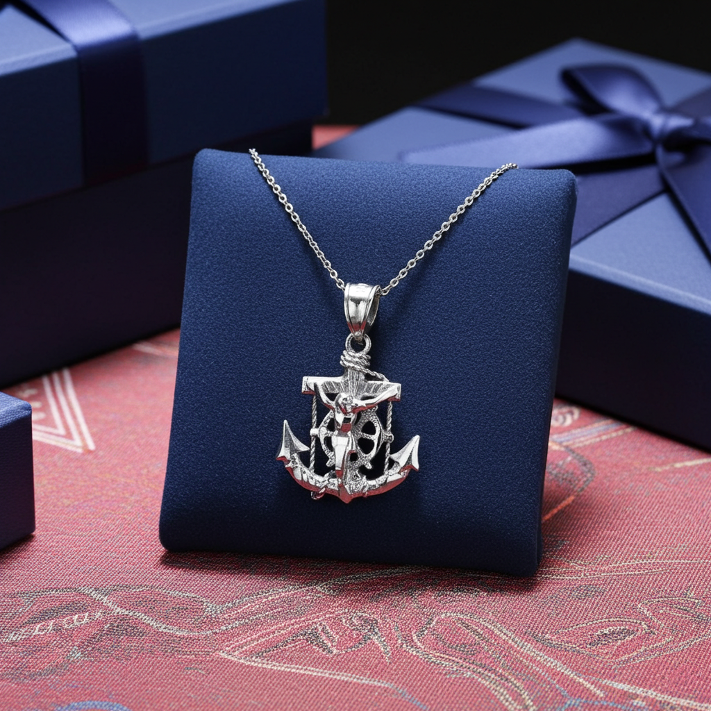 Sterling Silver Mariner Crucifix Anchor Cross Pendant Necklace