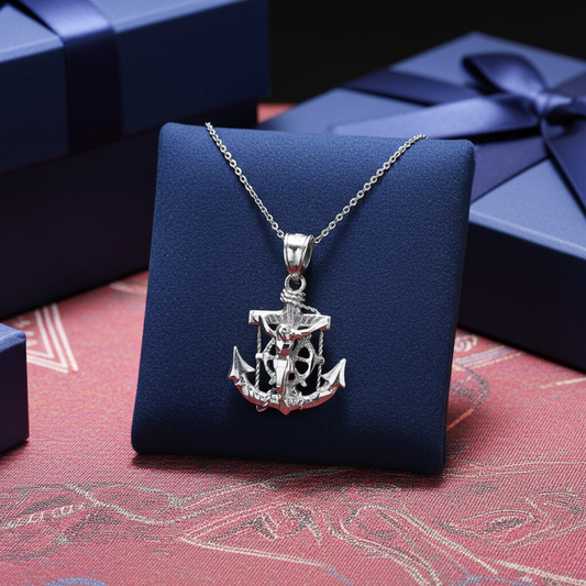 Sterling Silver Mariner Crucifix Anchor Cross Pendant Necklace
