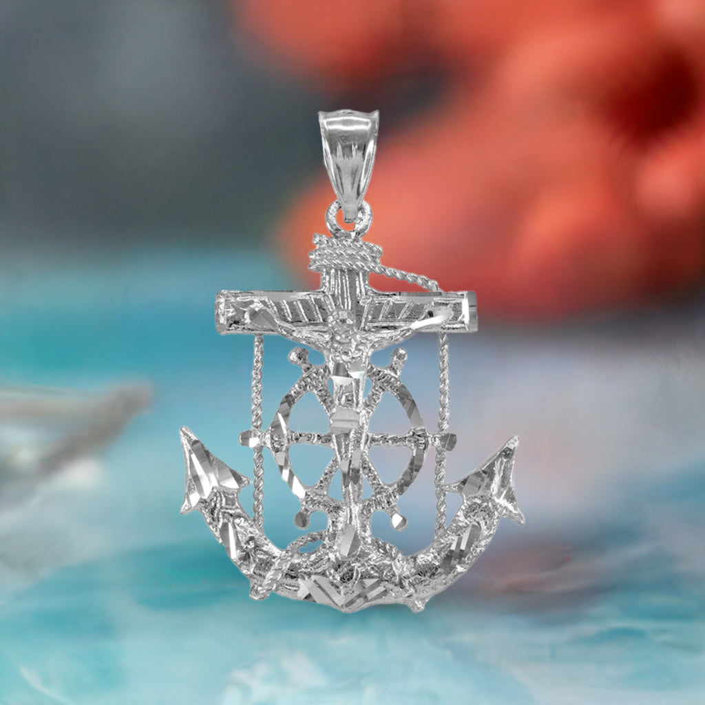 925 Sterling Silver Mariner Crucifix Anchor Mens Cross Pendant (Medium)