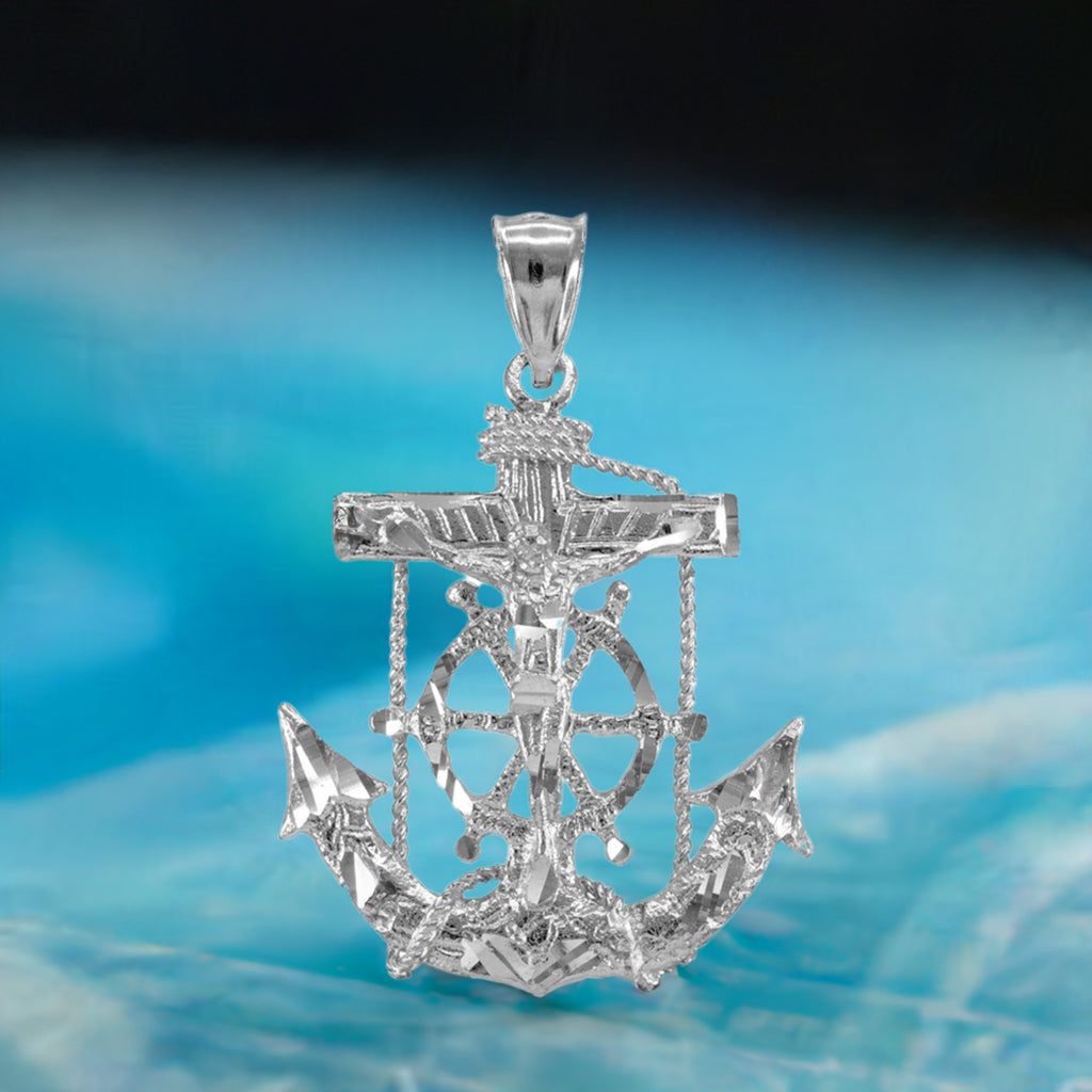 925 Sterling Silver Mariner Crucifix Anchor Mens Cross Pendant (Medium)