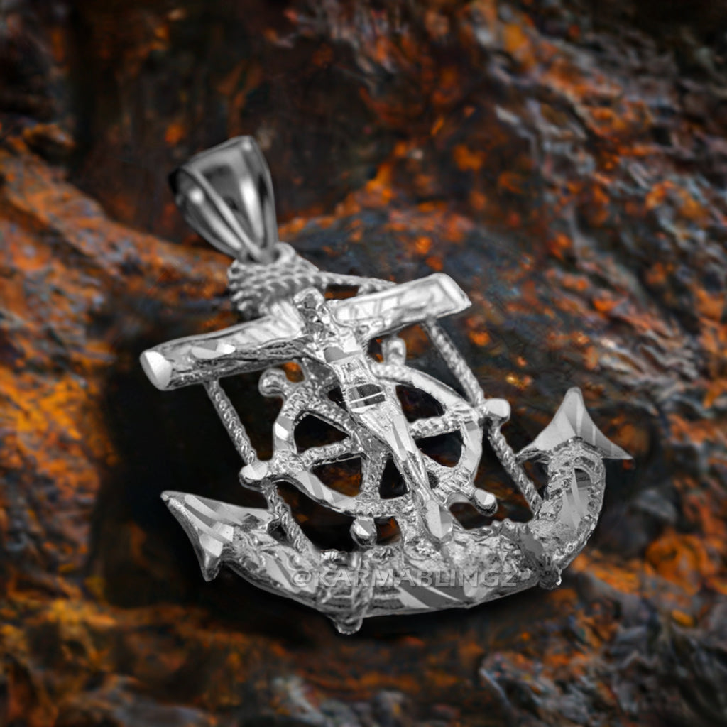 925 Sterling Silver Mariner Crucifix Anchor Mens Cross Pendant (Medium)